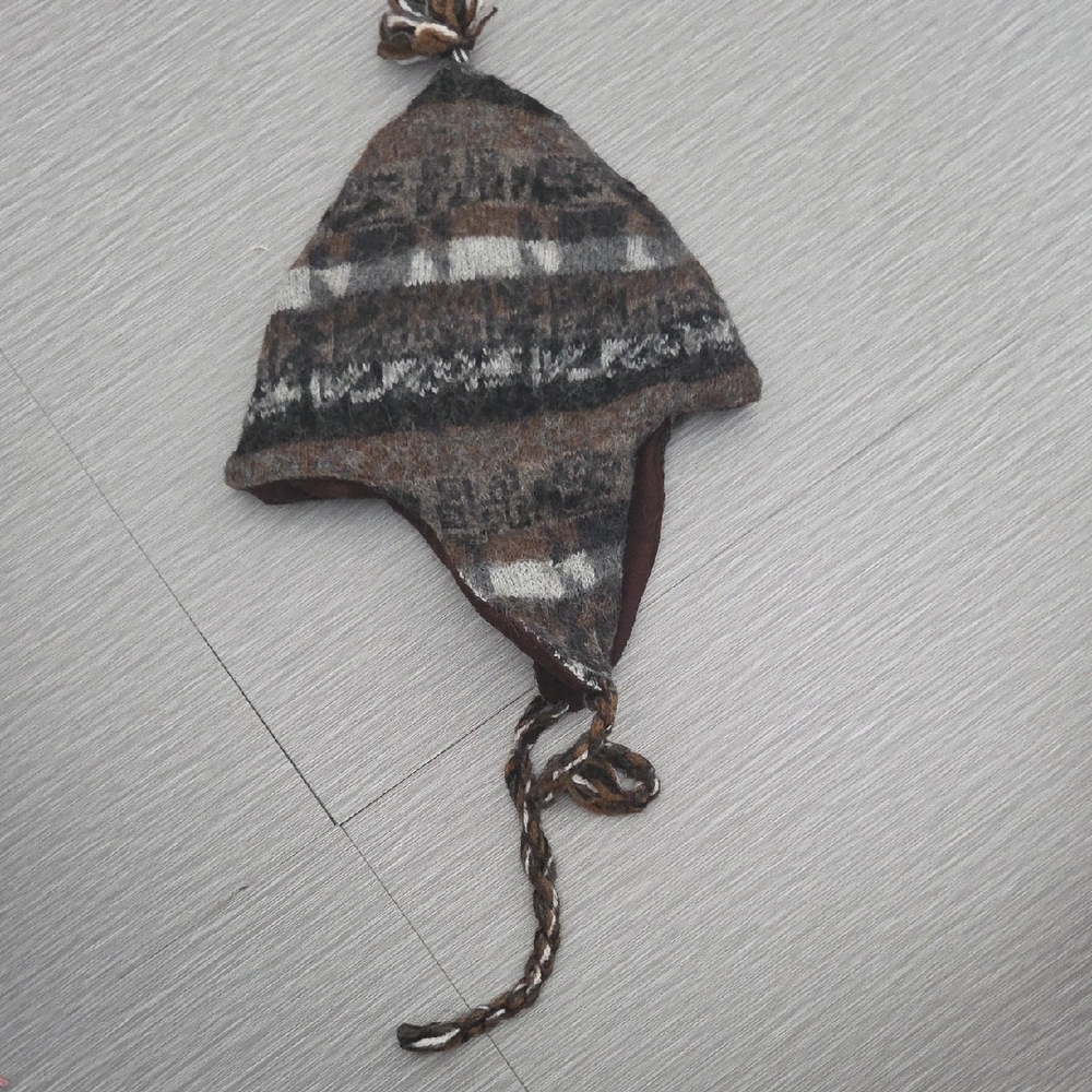 Warm Brown and Black Knit Hat with Ear Flaps